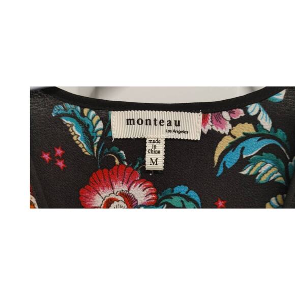 Monteau Floral Top Shirt Lace Trim Elastic Waist Blouse Medium Multi Color - Picture 4 of 8